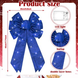 Giegxin 2 Pcs Lighted Christmas Bows LED Wreath Bow Xmas Blue Burlap Bow 18 x 10 Inch Glitter LED Lights Bow Winter Door Wall Decor Christmas Tree Topper for Indoor Outdoor Decoration