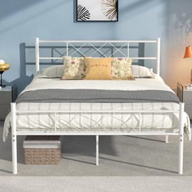 VECELO Queen Size Bed Frame with Headboard, Heavy-Duty Platform with Strong Metal Slats, No Box Spring Needed, Easy Assembly, Pure White