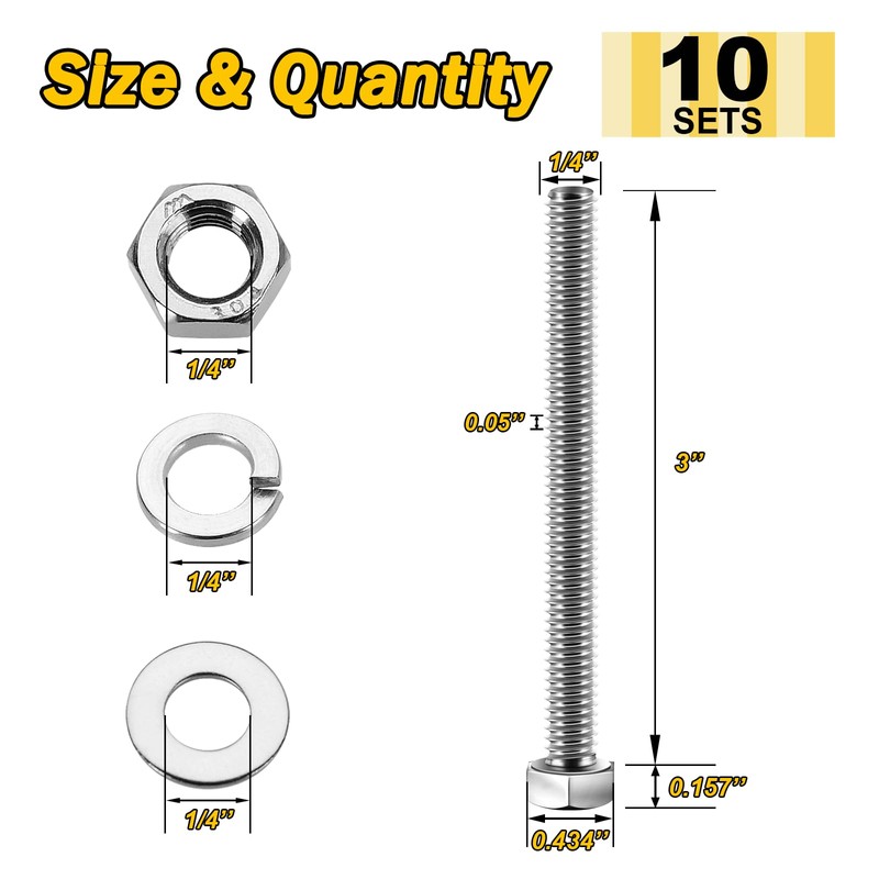 Mywish (10 Sets) 1/4-20x3 Hex Head Assorted Screws Nuts and