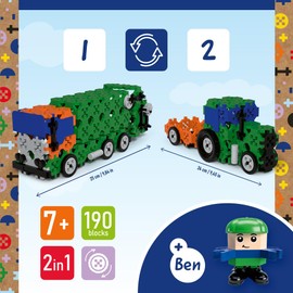 Connect Trefl Building Blocks Set 2-in-1, Garbage Truck/Tractor - 190 Elements: 185 Building Blocks + Figure 5 Building Blocks, Creative Toy for Adults and Children from 7 Years