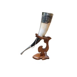 Viking Drinking Horn, 5-7oz Medieval Natural Handcrafted Horn with Wooden Stand