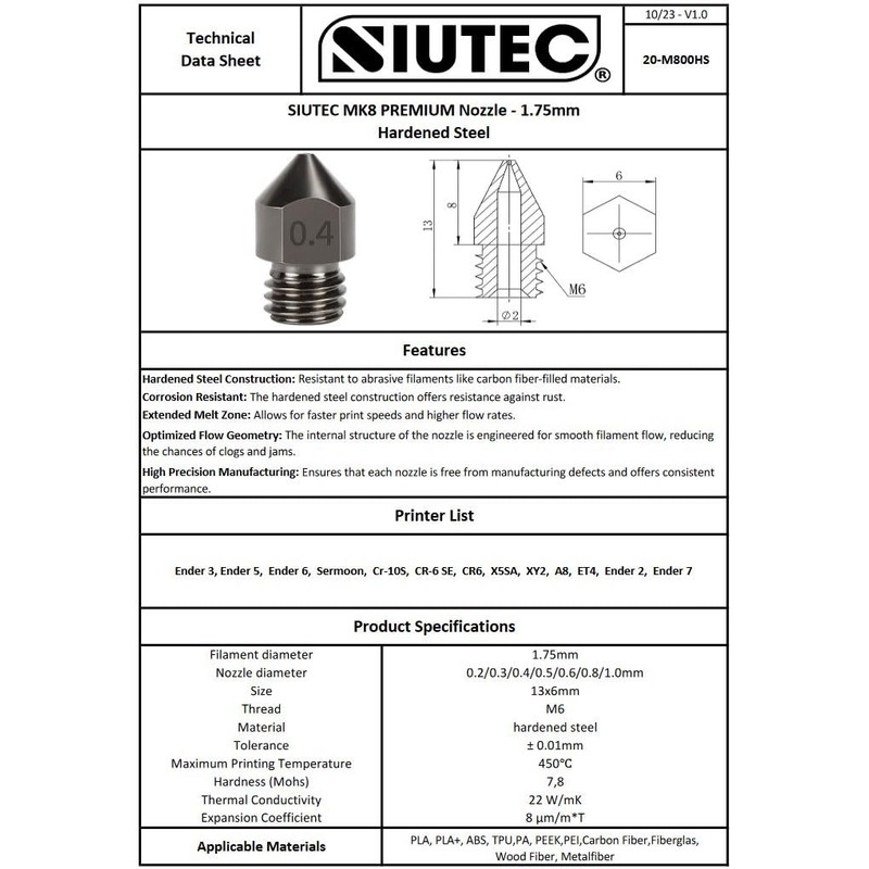 SIUTEC® Premium MK8 Hardened Steel/Hardened Steel, Nozzle/Nozzle, 0.3 mm, Pack