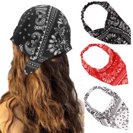 CURASA 3PCS Hair Scarf Headband for Women Triangle Elastic Head Bandanas Vintage Boho Non Slip Headpiece Fashion Stretch Knitted Headwrap Turban With Hair Pins Portable Printed Hair Ties Accessories
