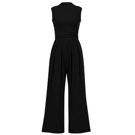 PRETTYGARDEN Womens Summer Jumpsuits Dressy Casual One Piece Outfits Sleeveless Mock Neck Wide Leg Pants Rompers with Pockets (Black,Large)
