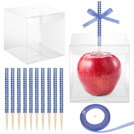 Anglekai 10+10 Candy Apple Boxes with Hole and Sticks, 10Pcs Bling Rhinestone Candy Apple Sticks/ 10Pcs Boxes with Hole/ 25 Yard Ribbon (Royal Blue)