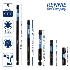 5 x Rennie Tools T30 TX30 Impact Screwdriver Driver Bits Set x 32mm/50mm/75mm/100mm/150mm Long. Heavy Duty Magnetic Torx Screwdriver Bit Set. Oxide Coated Torx Impact Driver Bits.