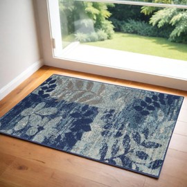 HomeRoots 2' X 4' Navy Blue Light Blue and Gray Botanical Leaves Area Rug