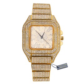 Halukakah Diamonds Gold Watch Iced Out, Men's 18K Real Gold Plated Arabic Numerals Dial Quartz Wristband 8.7", Comes with Giftbox