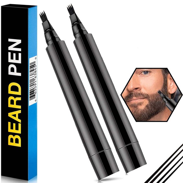 Prreal 2Pcs Black Beard Pen, Natural Beard Filler For men, Waterproof & Sweatproof Beard Pencil, Long-Lasting Beard Filling Pen To Fill, Define & Sharpen Hair, Beard & eyebrow Colour#Black