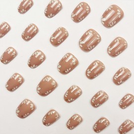 Nude Press on Nails Short Oval Fake Nails Glossy Spring Summer False Nails with Flowers Designs Acrylic Full Cover Stick on Nails Artificial Floral Nails Glue on Nails for Women 24Pcs
