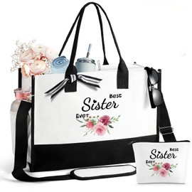 FURTOM Mothers Day Gifts Sisters Gifts from Sister Birthday Gifts for Women Canvas Tote Bag for Women with Makeup Bag Set