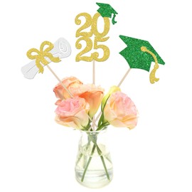 12 PCS 2025 Graduation Centerpiece Sticks Double Sided Glitter Class of 2025 Table Flower Centerpieces Diploma Grad Cap Floral Decorations for 2025 Graduation Theme Party Supplies Gold Green