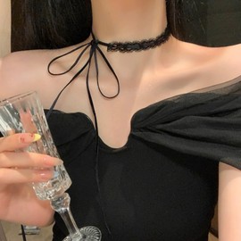 ZDPIQ 2-Pack Black White Lace Choker Necklace for Women Adjustable Ribbon Bow Choker Long Tie Soft Lightweight Goth Gothic Coquette Choker Balletcore Y2K Bridesmaid Daily Wear Party Gift (2, White and black)