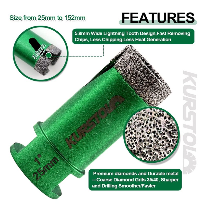 KURSTOL Diamond Core Drill Bits Kit - 7pcs 6/6/6/20/25/35/50mm+1pc 2"