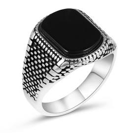 Men's Stainless Steel Ring with Black Agate Stone,Textured Band Design (Serpent Pattern,7)