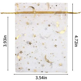 LOAVER 100PCS Organza Drawstring Gift Bags,4.7x3.54 Inch White Star Moon Jewelry Sheer Pouch for Wedding Party Favor Supply