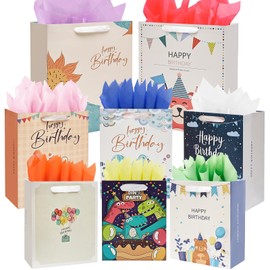 UOKHO Birthday Gift Bag with Handle and Tissue Paper, 8 Pcs Reusable Gift Bags Assorted Sizes and Designs, Large, Medium, Small Size Birthday Gift Bag for Kids, Women, Men -15“,13“, 9“
