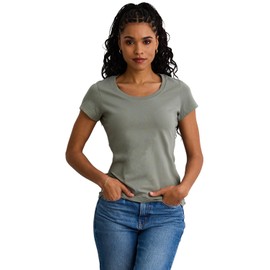 Fair Indigo Women's Organic Pima Cotton Short Sleeve Slim Scoop Neck Tee (L, Sage)