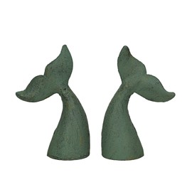 Set of 2 Nautical Cast Iron Whale Tail Decorative Bookends for Home Decor, Coastal Themed Shelves, and Beach House - Verdigris Green Enamel Finish - Organize and Beautify Your Space