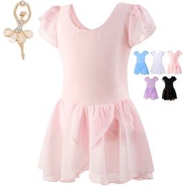 Aigoda Ballet Leotard, Children's, Includes Chiffon Skirt, 2 Colors, 8 Sizes, Short Sleeve, Juniors, Rhythmic Gymnastics, Cute, Recital (Pink, 105)