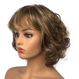 Wiginway Women Wigs Short Curly Brown Hair Wig Bangs Natural Full Synthetic Wig 6 Inches