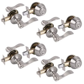 4 Sets-Wave Style Entry Door Handle Set with Double Cylinder Deadbolt in Satin Nickel Finish,Keyed Alike Combo Pack, Entry Door Lever, Keyed Lockset Handleset Leversets Exterior
