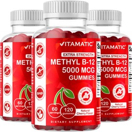 Vitamatic Extra Strength Vitamin B12 5000 mcg (Methyl B12) Gummies - 120 Count - Energy Metabolism Support and Nervous System Health Support, Natural Cherry Flavored (3)