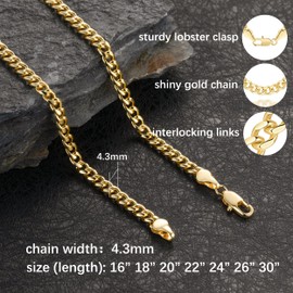 PPRLIFE Gold Necklace for Women 4.3mm Wide 14K Gold Cuban Link Chain Necklaces for Men Dual-Gender Non Tarnish Necklaces Men's Necklace Chain 16-30 Inches (18in)