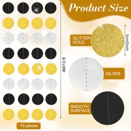 Syhood 10 Pieces 131 ft Circle Dots Garlands Glitter Paper Garland Hanging Streamer Backdrop Decor for Birthday Party Decorations Baby Shower Wedding Anniversary Supplies(Black Gold and Silver)