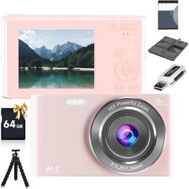 Digital, FHD 1080P Kids Camera 44MP Point and Shoot Digital Cameras with 64GB SD Card, 16X Zoom, Batteries, Lanyard, Compact Small for Kids Boys Girls (Camera Kit, Pink)