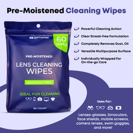 OPTIPAK Pre-Moistened Lens Wipes for Eyeglasses - Individually Wrapped Eye Glasses Cleaner Wipes for Glasses, Sunglasses, Camera Lens, Goggles and Screens (60 Count)
