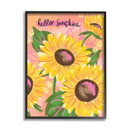 Stupell Industries Hello Sunshine Sentiment Blushing Yellow Sunflowers Small Daisies, Design by Deborah Curiel Black Framed Wall Art, 16 x 20, Pink