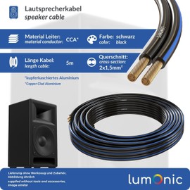 Lumonic Speaker Cable | 5 m Black | 2 x 1.5 mm² CCA | Blue Marking HiFi Speaker Cable | Audio Twin Cable
