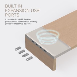 POUT E9 Dual Monitor Stand with Drawer - Wireless Charger and USB Hub (Maple White)