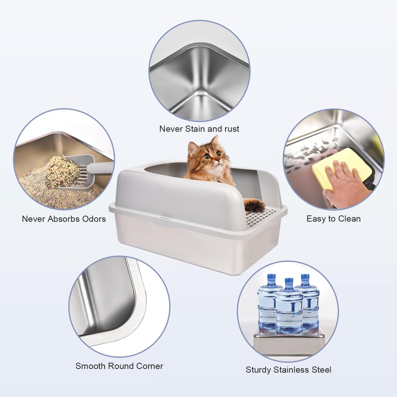Henkelion Stainless Steel Cat Litter Box with Lid, 20" L