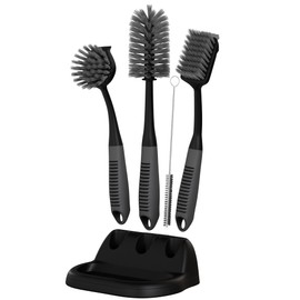 Dish Brush Set of 5 with Holder - Kitchen Scrub Brushes with Non-Slip Long Handle for Cleaning, Scrubber, Dishwashing, Dishes, Bottles, Straws, Cups, Pots & Sink, Black
