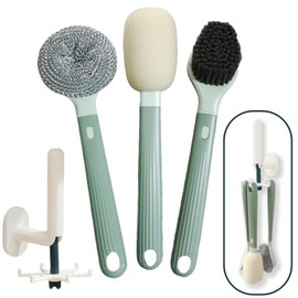 Steigullage Dish Brush Green Set of 4 with Holder -Interchangeable Heads and Multifunctional Storage Hanger - Ergonomic Multi-Surface Scrubber for Pots, Pans, Bottles, Sinks and Cast Iron