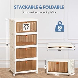 DUMOS Stackable Storage Bins with Lids - 23QT Foldable Plastic Organizers and Storage with Magnetic Doors & Lockable Wheels, Collapsible Storage Boxes for Living Room, Office, Dorm, 4 Tiers