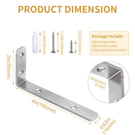 LSK L Bracket, 4"×2"(100×50mm) Heavy Duty Stainless Steel Corner Bracket for Wooden Board Max Load : 42lb, Pack of 6