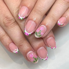 Spring Press on Nails Short Oval Fake Nails White French Tip Acrylic Nails Glossy Glue on Nails Cute False Nails with Flower Green Leaves Designs Nude Stick on Nails for Women 24Pcs