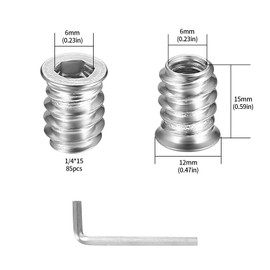 Pack of 85 1/4 x 15 mm (M6 x 15) Threaded Insert Wood, Screw Nuts 1/4 Inch Screw Nuts, Hexagon Socket Screws for Wooden Furniture Threaded Inserts Nuts