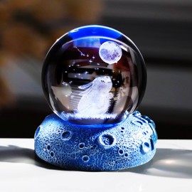 3D Crystal Ball Engraved Rabbit and Moon with Night Lights, 6cm/2.36 in. Glass Globe Figurines Gifts with Space Base for Women Daughter, Collectible Ornaments for Home Keepsake for Her Mum