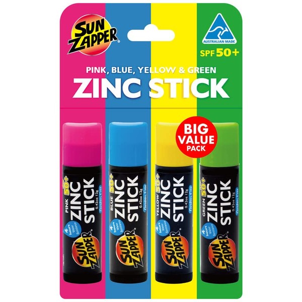 Sun Zapper Zinc Oxide Mineral Sunscreen Stick (Pink, Blue, Green, Yellow) SPF 50+ Water Resistant for Face & Body, Adults, Kids, 4-Pack Broad Spectrum Sun Block, Made in Australia