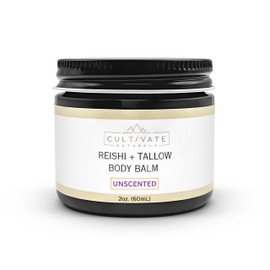 Reishi Tallow Body Balm - Unscented (2 oz) | Grass Fed Beef Tallow - Non-toxic, Organic, Paleo Friendly Skincare | Infused with Reishi Spore Extract | Moisturizing & Hydrating for Sensitive Skin