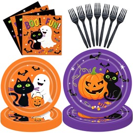 96 Pieces Halloween Party Tableware Set – Cute Black Cat Ghost Disposable Plates, Napkins and Orange Forks for Trick or Treat, Spooky Halloween Haunted House Celebration – Serves 24 Guests