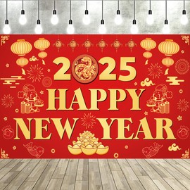 LOONELO Happy New Year Backdrop Decorations 70.8"X43.3", 2025 Asian Snake Lunar Year Polyester Fabric Large Banner, Spring Festival Photography Background for Chinese Vietnamese Korea New Year Decor