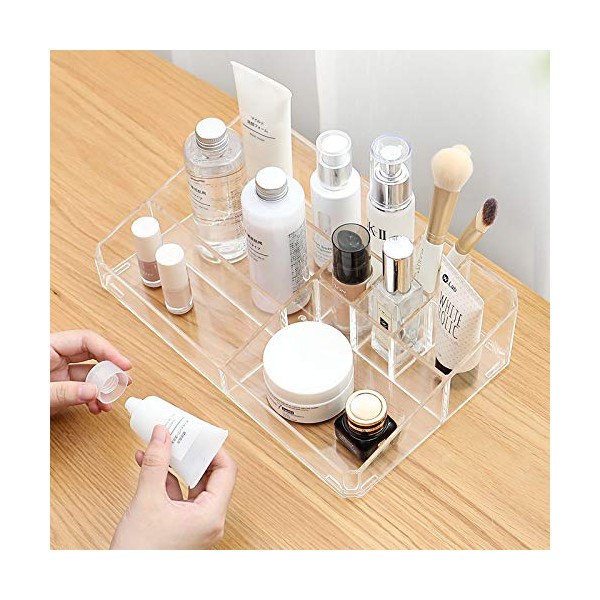 Sooyee Clear Acrylic Makeup Organizer Tray, 9 Spaces Cosmetic Display Case Storage Box for Lipstick,Makeup Brushes and Skin Care Products.
