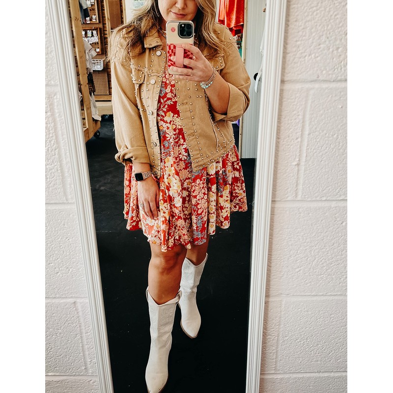 APAFES Women's Fashion Crop Fringe Denim Jacket Distressed Western Studded