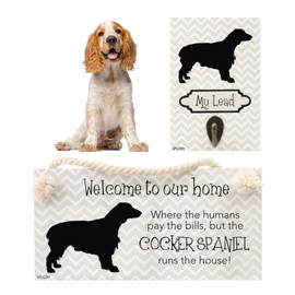 Splosh Cocker Spaniel Precious Pet Collection. Wooden Dog Lead Hook & Plaque, Accessories Set with Dog Lead Holder, House Sign