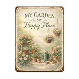 Funny Garden sign My Garden My Happy Place Vintage Metal Tin Sign, Rustic Home Garden Patio Yard Wall Decor, 8 x 12 Inch
